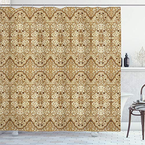 ABAKUHAUS Arabeske Duschvorhang, Naher Osten, Stoffliches Gewebe Badezimmerdekorationsset mit Haken, 175 x 200 cm, Aprikose Creme