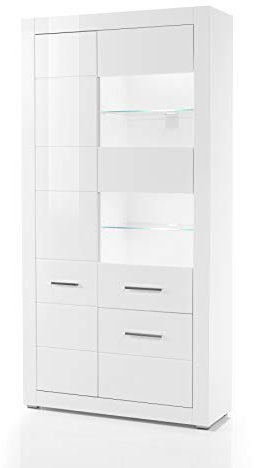 Newfurn Vitrine Vitrinenschrank Modern Holzvitrine II 100x198x 35 cm (BxHxT) II [Hanna.Four] in Weiß/Weiß Hochglanz Wohnzimmer Schlafzimmer Esszimmer Flur Diele