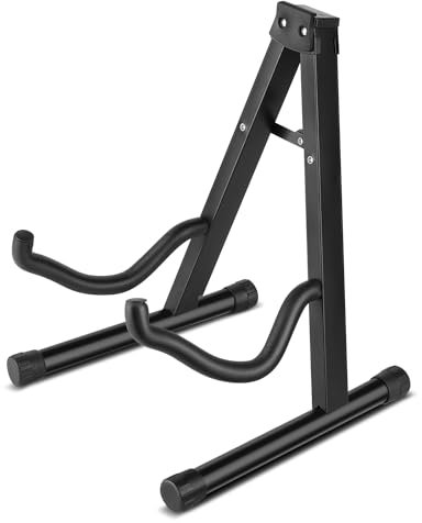 Flexzion Gitarrenständer mit A-Rahmen, Tragbarer Gitarrenhalter aus Metall, Faltbarer Ständer für Akustikgitarre, Cello, E-Gitarre, Bass, mit Schaumstoffbezug & Gummipolster, Schwarz