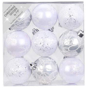9 STK. Christbaumkugeln 6cm Ornament Dekor Motive Kunststoff bruchfest Dekokugeln Weihnachtskugeln Baumkugeln Baumschmuck Set Christbaumschmuck Weihnachtsschmuck 60mm Weiß Mix