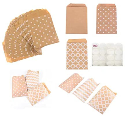 xutong 100 Stück Kraftpapiertüten, 100 Aufkleber, zum Verpacken von Brot, Keksen, Snacks, Papiertüten für Hochzeit Geburtstag