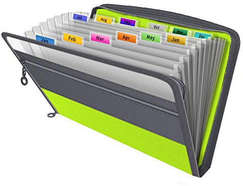 Cartella portadocumenti a fisarmonica con cerniera, 13 tasche espandibili, 5 colori, organizer a fisarmonica con cerniera, con linguette, formato A4, cartelline portadocumenti espandibile, verde