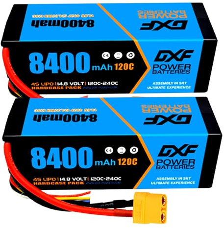 DXF 2 Packungen LIPO AKKU Pakete, 4S LIPO 14.8V 8400mAh 120C für RC-Cars & Trucks 1/10 & 1/8 Skala, XT90 Stecker,lipo 4s ideal für Emaxx, Bandit, Rustler, Axial, Tamiya, HPI Strada XB, Kyosho GP Truck