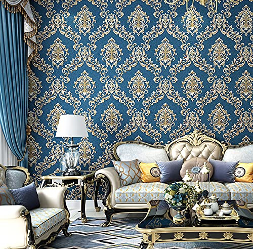 Prior.choice 10X0.53M Vintage Elegant 5 Colors Damask Stripes Embossed Textured Non-Woven Wallpaper Roll for Bedroom Livingroom 1.73' W x 32.8' L=5.3㎡ (57sq.ft) (A Navy Blue Damask)
