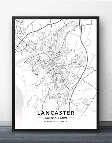 YMXCNM Leinwand Bilder,Lancaster Uk Stadtplan Drucke Poster Wandmalerei Retro Kunst Malerei Rechteck Bilder Pop Artwork Für Wohnzimmer Schlafzimmer Home Decor