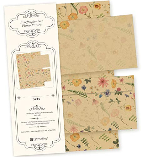 Briefpapier mit Umschlag Set FLORA NATURA Vintage Blumen 25 Sets DIN A4 beidseitig floral Natur nachhaltig für Frauen Erwachsene Brief Set