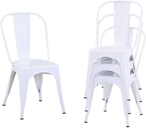 EGOONM Sillas de Metal Estilo Industrial Vintage Apilables; 4pcs Blancas con Respaldo Ergonómico y Desmontable para Comedor y Cocina