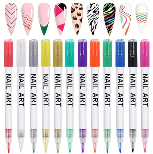 Gorvalin 12 Colour Nail Art Pens, 3D Nail Varnish Art Graffiti Painting Drawing Dotting Pens Nail Design Tool for Women Birthday Present