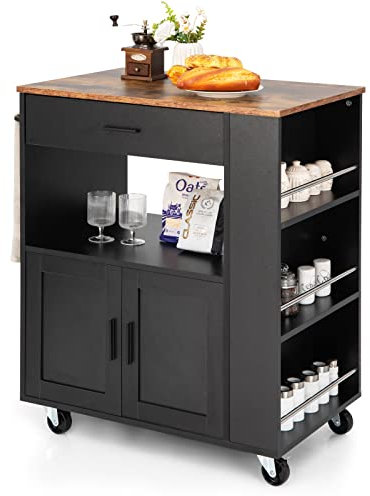 GOPLUS Küchenwagen, Servierwagen mit Schublade, Zweitüriger Schrank, Dreistufiges Gewürzregal, Wasserfest, Räder mit Bremsen, Rollwagen Küchenregal für Küchen Hotel Restaurant (Schwarz)