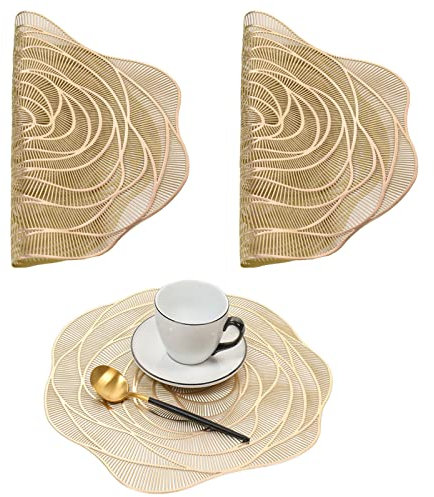 Pressed Metallic Placemats,Placemats Rose Gold Place Mat Coaster Washable PVC Table Mats, for Dining Table Kitchen Decor (gold,rose)