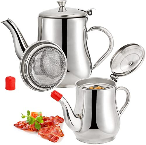 ZOOFOX 2 Pack Bacon Grease Container with Mesh Strainer, 32oz/ 24oz Stainless Steel Oil Storage Pot for Storing Frying Oil and Cooking Grease