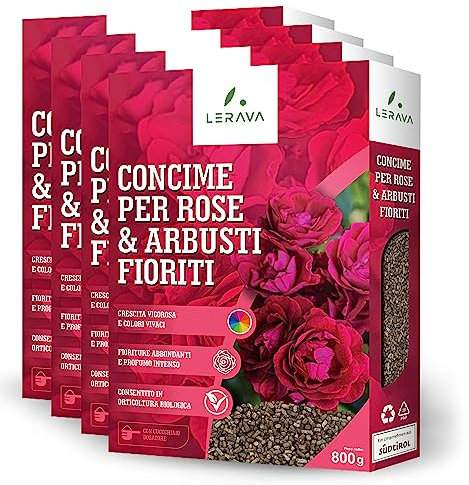 LERAVA® Concime Rose organico - 4x800g - Promuove Crescita Vigorosa e Colori Vivaci - Concime per rose in vaso o terra - Con tappo dosatore - Concime biologico 100% Made in Italy - fertilizzante rose