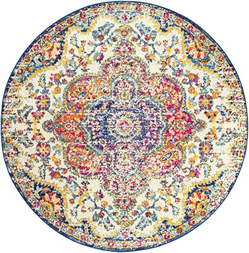 Livabliss Rabat Vintage Rug - Area Rugs Living Room 160 cm, Dining Floor, Kitchen, Traditional Multicoloured Boho Style, Easy Care Pile, Bohemian Large Rug, Fuchsia, Orange and Blue