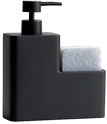 Distributeur de Savon Liquide, Distributeur de Savon, résine Premium, avec Compartiment éponge, capacité 450 ML, 16,3 x 5,5 x 19 cm, Noir (Noir)