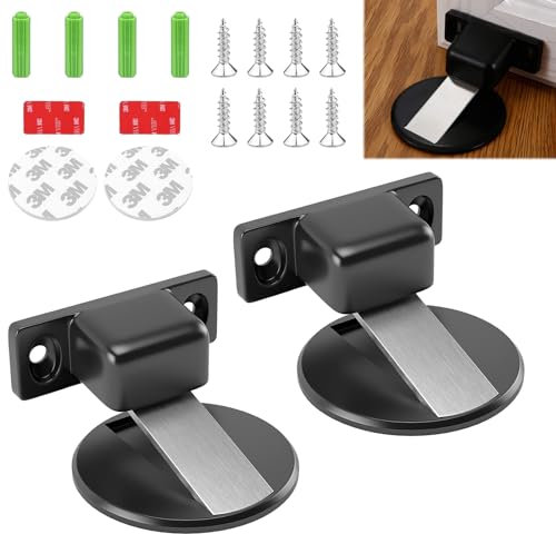 Pack of 2 Door Stop, Türstopper Boden Kleben Magnetic Metal Door Stop, Stainless Steel Door Stopper, Floor Metal Magnetic Door Buckle, Door Holder, Invisible, Magnetic,with Adhesive Tape and Screws