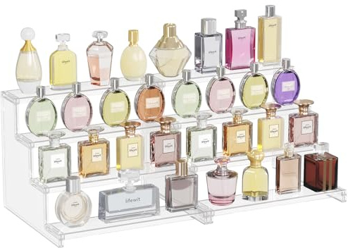 Lifewit Expositor Perfumes, Estante Perfumes Verticales de Plástico, Expositor Metacrilato Pedestales de Exhibición para Figuras Pop, Magdalenas, Cosmético, 4 Niveles, 2 Paquetes, 30 cm