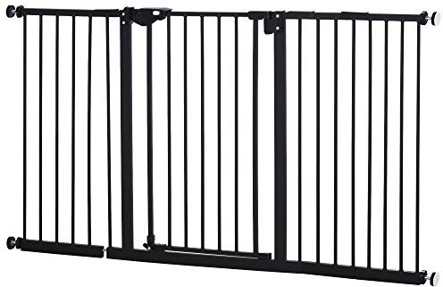 PawHut Barrera de Seguridad Extensible para Puertas y Escaleras Barrera para Perros con Cierre Automático y Sistema de Doble Bloqueo Metal 74-147,5x76,2 cm Negro