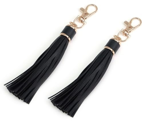 2 Pieces Porte Clef Femme avec Pompons,Porte-Clés pour Sacs à Main,Téléphones Portables,Accessoires de Clés Pratique,14.5 x 1.5cm (Noir)