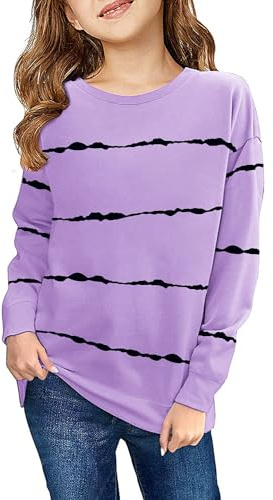 Haloumoning Sweatshirt Fille Rayures Col Rond Enfants Pull Décontracté Manches Longues Tops