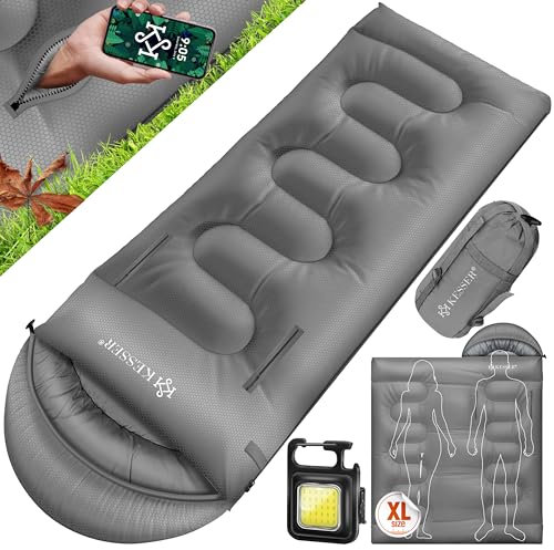 KESSER® Schlafsack Outdoor 220cm x 83cm | Deckenschlafsack 3-4 Jahreszeiten | Camping-Sleeping-Bag für Erwachsene | Leicht Tragbar Warm & Wasserabweisend inkl. Campinglampe & Seitentasche Grau