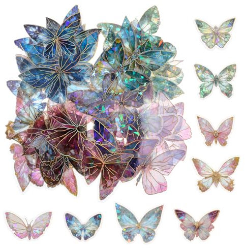80Pcs Glitter Butterfly Stickers,Holographic Glitter Sticker Decals 3D Transparent Waterproof Stickers for Scrapbook Supplies Junk Journals Laptop Crafts Decor