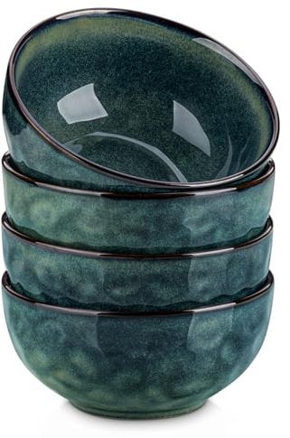 vancasso STARRY Juego de 4 Cuencos de Cereales 720 ml, Esmaltado Reactivo in Gres, Cuencos de Sopa de 14.9 cm, Juego de Tazones para Desayuno, Pasta, Ramen, Lavavajillas y Microondas, Vintage Verde