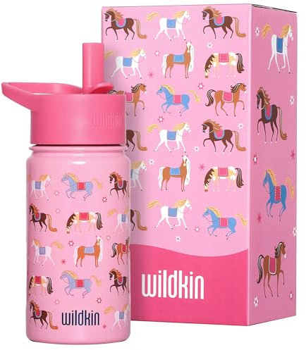Wildkin Botella de agua reutilizable de acero inoxidable sin BPA de 14 onzas con tapa a prueba de fugas para niños y niñas, aislada, duradera y fácil de limpiar, para niños pequeños, caballos