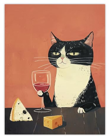 Artery8 Tuxedo Cat Drinking Wine with Cheese Painting For Kitchen Unframed Wall Art Print Poster Home Decor