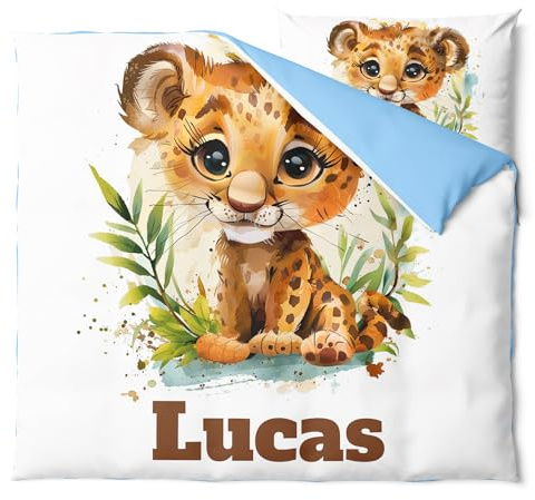 Pictogogo Süßes Tiger-Design Babybettwäsche für Mädchen und Jungen mit Namen, Personalisiert, Wählbare Baumwollunterfarbe (Weiß, Rosa, Blau, Grau), Oeko-TEX, 80 x 80 cm
