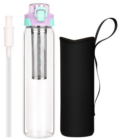 DEARRAY 1l / 1 litre Gourde d'eau en Verre avec Paille & Infuseur en INOX 1000ml Transparente Bouteille Verre avec Protection en Néoprène pour Thé en vrac, Café Infusé