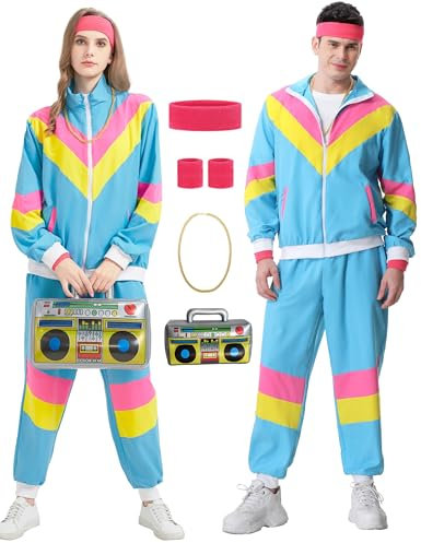 80er 90er Jahre Outfit Herren Damen 80er Trainingsanzug Jacke Hose Anzug, 90er Jahre Jogginganzug Herren, Retro 80er Jahre Kostüm für Erwachsene, 80s Tracksuit Men Women für Fasching Karneval
