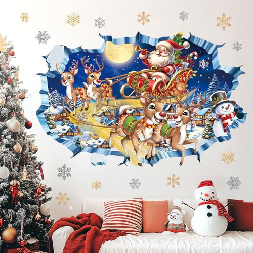 decalmile 3D Natale Adesivi Vetrofanie Babbo Natale Renna Adesivi Murali Pupazzo di Neve Albero di Natale Adesivi Finestra Natale Fiocco di Neve Adesivi Natale Vetro Porta Finestra Decorazione