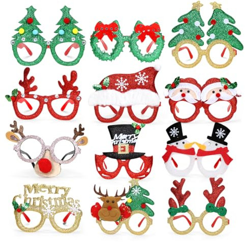 Capaneus 12 Stück Weihnachtsbrille，Kreative Weihnachtsbrille Set，Weihnachtsfeier Deko Brille，Weihnachtsbrillen Erwachsene und Kinder，Kopfschmuck Weihnachten für Christmas Party