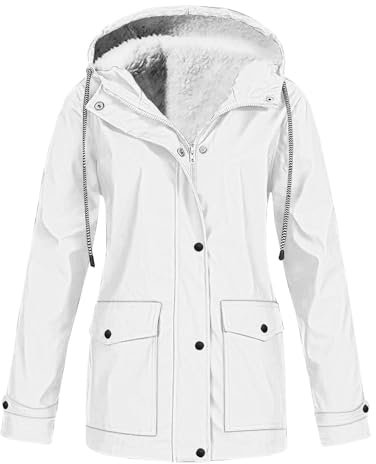 Mrat Veste Manteaux pour femme - Veste doublée en polaire - Imperméable - Coupe-vent à capuche - Manteau d'hiver chaud - Coupe-vent - Pour camping, randonnée, grande taille S à 5XL, blanc, L