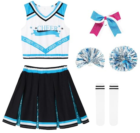 LOLANTA Girls Cheerleader Costume Kids Cheerleading Uniform Outfit with Pompoms Socks, Halloween Fancy Dress Costume for Girls 5-13 Years