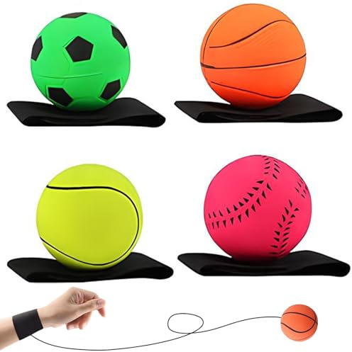 4 Stücke Sport Handgelenk Ball, 6cm Springball mit Schnur, Ball mit Schnur Handgelenk Kinder Erwachsene, Gummi Bouncy Ball, Fußball, Basketball, Tennisball, Baseball