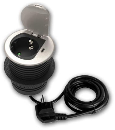 world-trading-net - Tisch-Einbausteckdose 230V + USB-C 20W, mit silbernen Federdeckel, 1,9m Anschlusskabel, für den Innenbereich