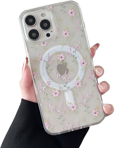 ZTOFERA Magnetisch Hülle für iPhone 15 Pro, Transparent Soft Handyhülle mit Blume Muster [Kompatibel mit MagSafe Kabellosem Laden], Stoßfeste Schutzhülle für iPhone 15 Pro 6,1- Rosa Blume