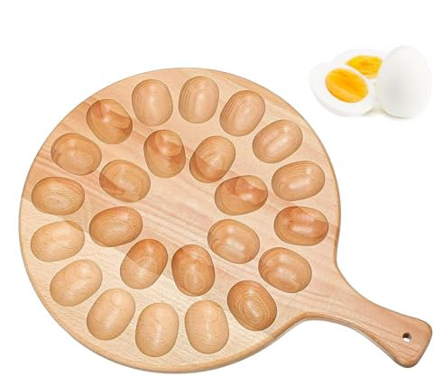 Wusideday Reversible Wooden Egg Plate With 24 Holes | Deviled Egg Tray | Creative Egg Plate Serving Tray | Round Wooden Egg Container With Egg Holes And Robust Handle
