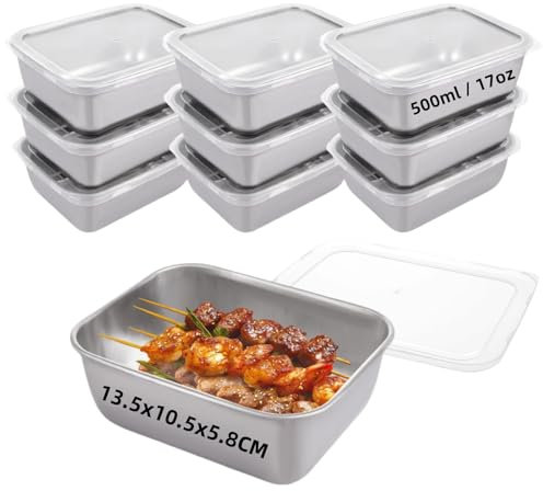 LDXDRU 10 Pack Stainless Steel Food Containers with Lids, 500ml / 17oz Meal Prep Containers, Leakproof Snack Storage Boxes Portable Bento Lunch Box for Kitchen Travel Picnic Camping