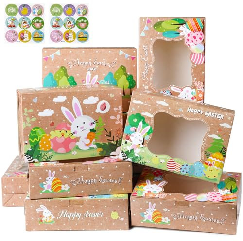Bekeify 12 Stück Geschenkboxen zu Ostern mit 18 Aufkleber Brown Kraft Papier Geschenkbox Ostereier Hase Geschenkkarton Schachtel Gebäckkartons Boxes Verpackung für Ostern Party Geschenke Süßigkeiten