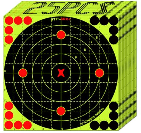 ATFLBOX Lot de 25 Cibles de Tir Réactives Auto-adhésives 30,5 cm | Cibles réactives robustes pour le réglage à effet jaune fluo, pour carabines, pistolets, pistolets à billes et airsoft