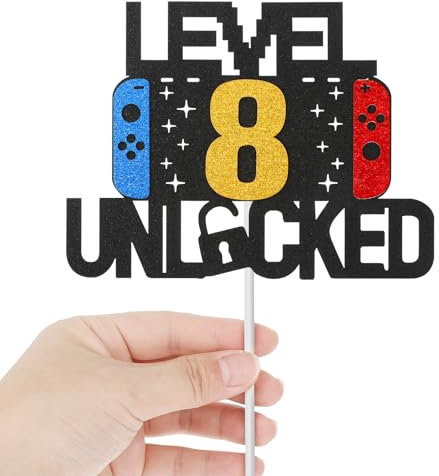 Level 8th Unlocked Sign Cake Topper, Double Sided Glitter Cake Topper Video Game Controller Themed Birthday Decorations for Kids Boys Girls Game Fans Birthday Party
