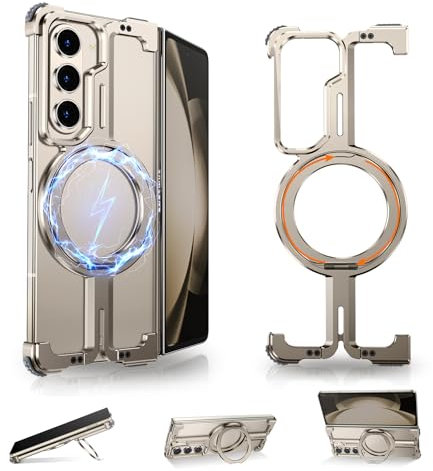 NIFBANG for Samsung Galaxy Z Fold 5 Phone Case,Aluminum Frameless with Kickstand 360°Rotatable Magnetic Stand Bumper Cases,Metal Minimalist Shockproof Grade Protective Z Fold 5 Cover,Natural Titanium