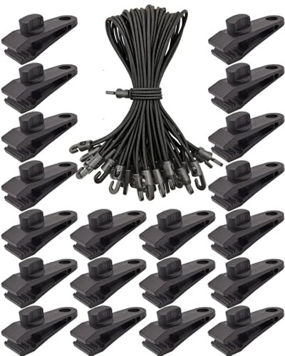 BINCKIN Tarp Clip Heavy Duty Lock Grip, 40 Pack Bungee Cord with Clips Set, Heavy Duty Tarp Clamps Tie Downs for Pool Awning Cover, Car Cover (Black)