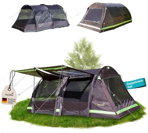 Skandika Tunnelzelt Solheim | Camping Zelt für 4/6 Personen, eingenähter Zeltboden, 3000mm Wassersäule, UPF 50+, mit Moskitonetz und Sonnendach | Zelte, Familienzelt