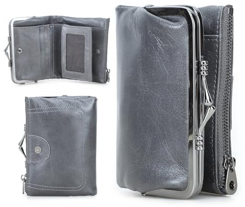Contacts RFID Geldbörse Damen mit Kuss Schloss, Echtleder Damen Kompakte Zweifach Geldbörse mit Reißverschlussfach, Vintage, Kreditkartenhalter Kleine Kupplung mit ID-Fenster, gray, Retro