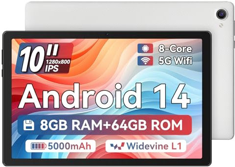 Tablette 10 Pouce, Android 14 Tablette Processeur Octa-Core, 8GB+64GB(TF 1TB), 1280 x 800 HD IPS Tablette Wi-FI 6 Model/Widevine L1/5000mAh/Double Caméra/Identification Faciale Tablette PC (Blanc)