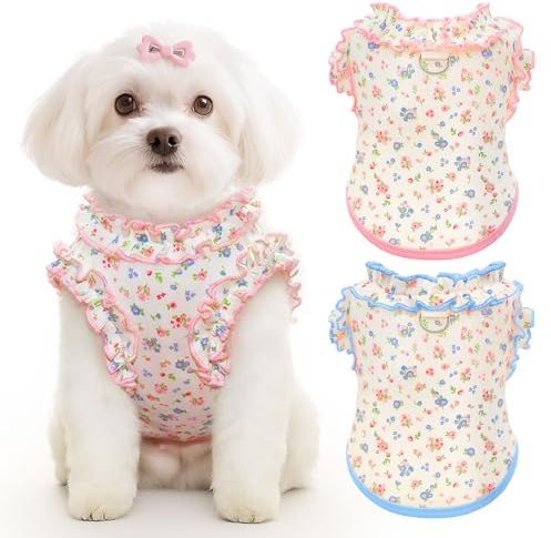 2 Pack Dog Shirt for Small Dogs Breathable Summer Clothes with Ruffled Sleeves Dog Tshirt Stretchy Pet Tee for Puppies Sphynx Cats Kitten Frenchie Dachshund(Pink&Blue,Small)