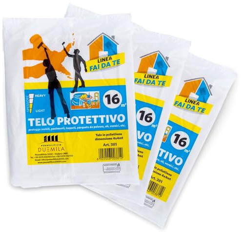 PENNELLIFICIO 2000 | Lot de 3 serviettes de protection en plastique, serviettes de protection, anti-goutte, protège contre les taches de peinture, la saleté, l'humidité, mesure 4 x 4 mètres, 16 m²